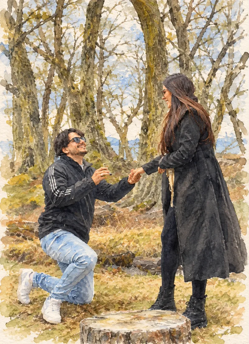 Gabriel ajoelhado pedindo Eloyse em casamento num bosque