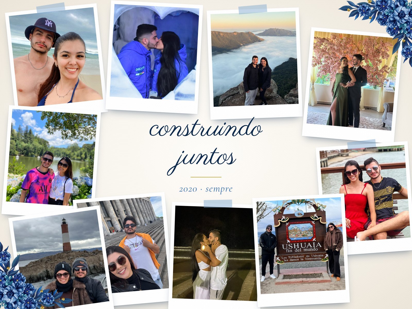 Colagem de fotos das viagens e momentos do casal